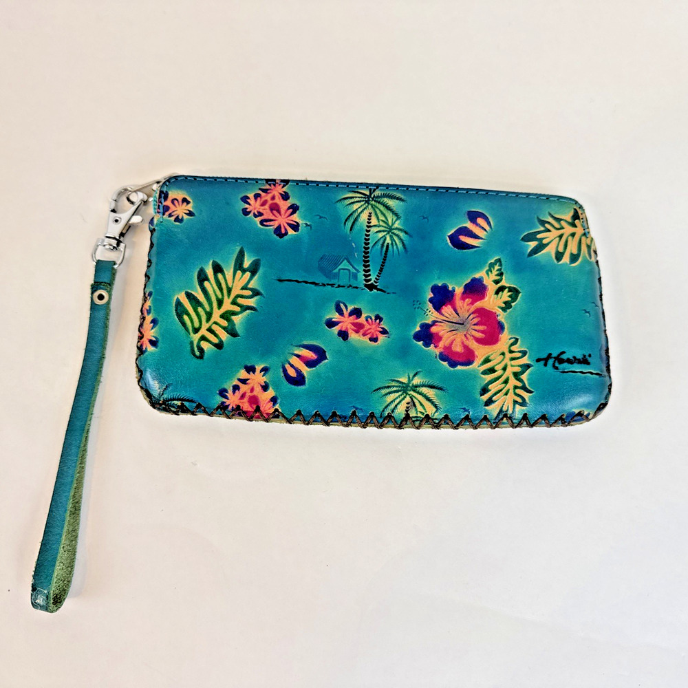 Aloha From Hawaii Handmade BLUE Leather Wristlet w/HISBICUS & PALM TREE Design